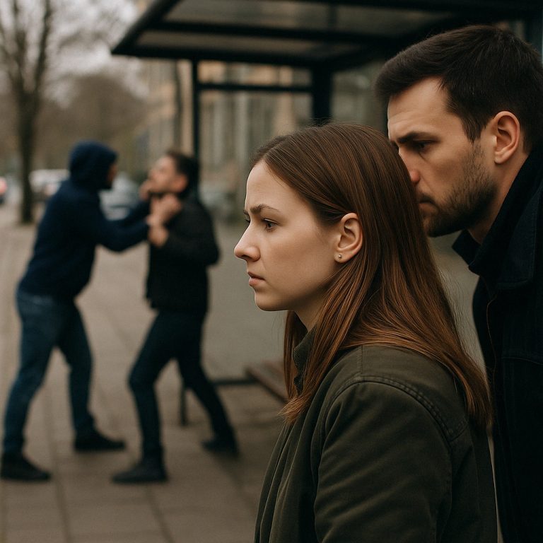 Zivilcourage. Im Vordergrund befindet sich ein Paar, welches wegschaut, weil im Hintergrund jemand von einem anderen Man bedroht wird.