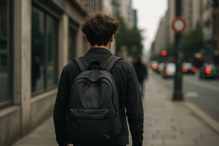 Gewalt im öffentlichen Raum: Ein Mann geht am Tag die Straße entlang, er trägt einen Rucksack und schaut nach vorne. Vor ihm geht mit einer Kapuze ein weiterer Mann.